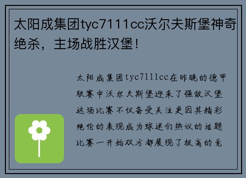 太阳成集团tyc7111cc沃尔夫斯堡神奇绝杀，主场战胜汉堡！